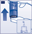 Mano che tiene un iniettore pre-riempito blu con freccia blu verso l