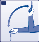 Mano che afferra una penna per iniezione con freccia curva che indica la direzione di inserimento nell