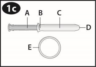 Siringa preriempita con stantuffo e ago protetto da cappuccio, anello di tenuta e indicazioni A, B, C, D, E