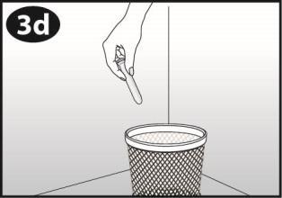 Mano che tiene una siringa sopra un contenitore per rifiuti speciali con ago rivolto verso il basso e simbolo 3d in alto a sinistra