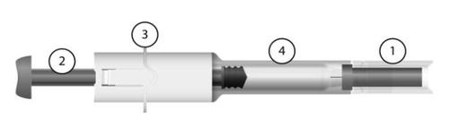 Siringa pre-riempita con ago protetto da cappuccio, pistone e corpo cilindrico trasparente con indicazioni numeriche