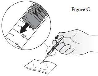 Mano che tiene una siringa preriempita con farmaco e ago, con indicazioni di dosaggio 40mg 60mg 80mg e preparazione all