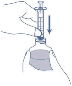 Mano che tiene una siringa sopra un flacone di medicinale liquido trasparente con freccia nera che indica la direzione di aspirazione