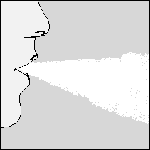 Profilo di una bocca aperta con un getto di spray nebulizzato che ne fuoriesce