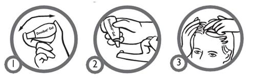 Applicazione del gel su una mano, gel applicato sul cuoio capelluto e massaggio con le dita