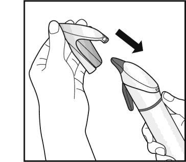 Mano che tiene un autoiniettore con la punta rivolta verso il braccio e freccia nera che indica la direzione di inserimento