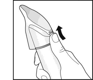 Dito che tiene un dispositivo medico bianco con una freccia nera che indica la direzione di rotazione