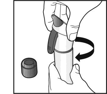 Dispositivo autoiniettante con cappuccio protettivo rimosso e freccia che indica la rotazione per l