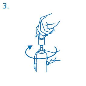 Mano che ruota un dispositivo cilindrico con un ago, freccia curva indica rotazione e connessione a un contenitore blu