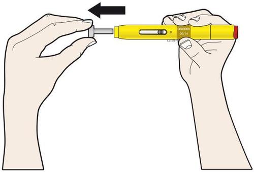 Mani che tengono un dispositivo autoiniettante giallo con ago esposto e freccia nera che indica la pressione