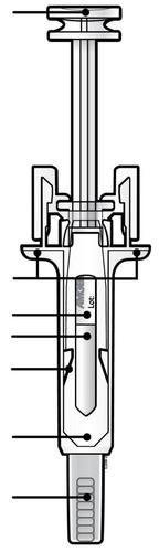 Siringa schematica con stantuffo trasparente e scala graduata, ago visibile e meccanismo di rilascio del farmaco