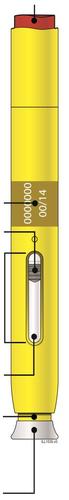 Penna autoiniettante gialla con indicatore di dose 00100 e finestra trasparente per visualizzare il liquido