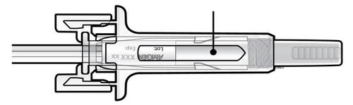 Siringa preriempita con stantuffo trasparente e ago metallico collegato, indicazioni di lotto ed espirazione visibili