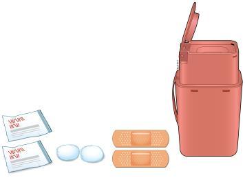 Contenitore rosso per rifiuti speciali con apertura a sportello, due bustine farmaceutiche, due cerotti e due capsule bianche