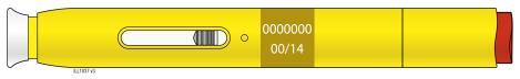 Penna precompilata gialla con indicatore di dose 00/14 e finestra trasparente con scala graduata