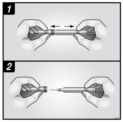 Dispositivo autoiniettante tenuto con entrambe le mani, frecce indicano la direzione corretta e ago che fuoriesce dal dispositivo