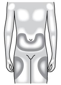 Schema del corpo umano con aree grigie che indicano le zone consigliate per l