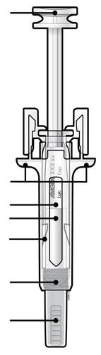 Siringa preriempita trasparente con stantuffo bianco e indicazioni di dosaggio laterali su scala graduata