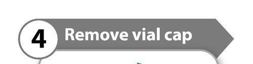 Fiala medicinale con tappo grigio e freccia che indica di rimuovere il tappo stesso