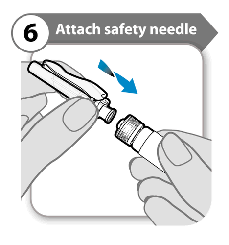 Mano che collega un ago di sicurezza a un dispositivo medico cilindrico grigio, freccia blu indica la direzione