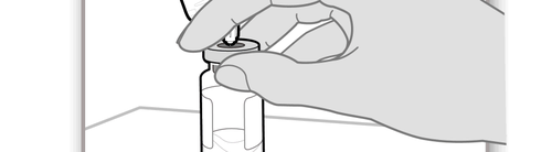 Mano che tiene una fiala medicinale con un ago inserito nel tappo di gomma per l