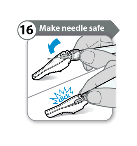 Dispositivo di sicurezza per ago con meccanismo a scatto e freccia blu che indica la chiusura protettiva sulla siringa