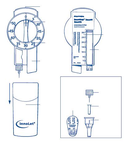 Dispositivo medico con manometro circolare e cilindro graduato, vista laterale e sezione con componenti staccate e freccia direzionale