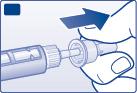 Mano che collega un ago a una penna per iniezione, freccia blu indica la direzione di avvitamento dell