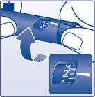 Penna iniettabile blu con ago e quadrato dosatore visibile freccia indica rotazione del selettore di dose