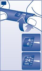 Penna per iniezione con ago esposto e freccia che indica la direzione di inserimento su pelle con numeri 4-6 e 24-26