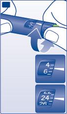 Penna iniettabile blu con numeri e freccia, dettaglio del meccanismo di dosaggio e indicazione delle unità 4-6 e 24-26