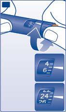 Penna iniettabile blu con freccia che indica la regolazione della dose e display numerico con valori 4-6 e 24-26
