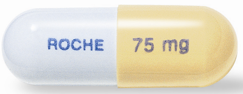 Capsula oblunga bianca e gialla con la scritta "ROCHE" su un lato e "75 mg" sull