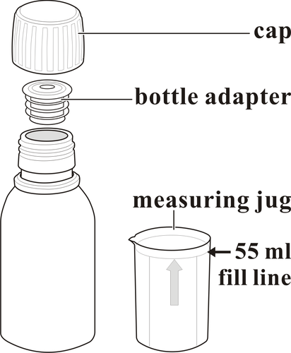 Flacone dosatore con adattatore e tappo a vite separati, indicazione della linea di riempimento a 55ml e scala graduata sul collo
