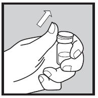 Mano che svita il tappo di un flaconcino cilindrico trasparente con freccia bianca che indica la direzione di rotazione