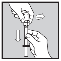 Mano che tiene una siringa preriempita con freccia bianca che indica la direzione di iniezione e altra freccia verso il basso