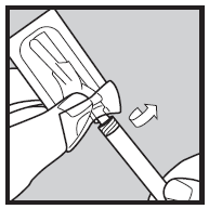 Mano che avvita un ago alla siringa preriempita con freccia curva che indica il movimento di rotazione