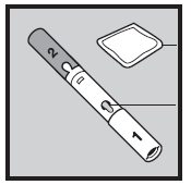 Penna iniettabile con numeri 1 e 2 indicati e tampone di cotone accanto