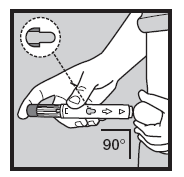 Mano che tiene una penna per iniezione con ago inserito nella pelle a 90 gradi e ingrandimento del meccanismo di dosaggio