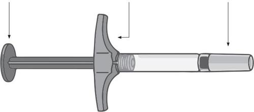 Siringa pre-riempita con stantuffo a farfalla grigia e cilindro trasparente con liquido medicinale all