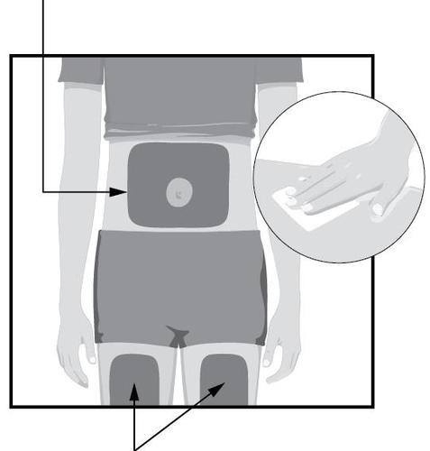 Persona con cerotti medicati applicati su addome e ginocchia, dettaglio ingrandito di mano che applica cerotto