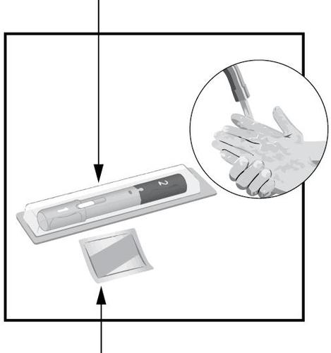 Penna precompilata con ago protetto, salviettina imbevuta e istruzioni d