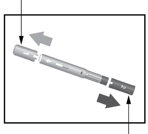 Penna iniettabile smontata con frecce che indicano il distacco del cappuccio protettivo e dell