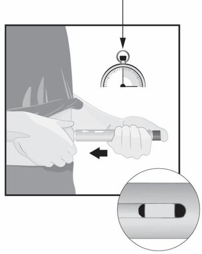 Mano che tiene una penna per insulina con ago inserito nella pelle, freccia indica la direzione e dettaglio ingrandito dell