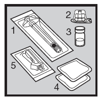 Componenti del farmaco: fiala, siringa pre-riempita, adattatore e salviette disinfettanti numerati da 1 a 5