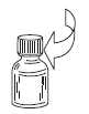 Fiala di medicinale con tappo a vite e freccia curva bianca che indica la direzione di apertura