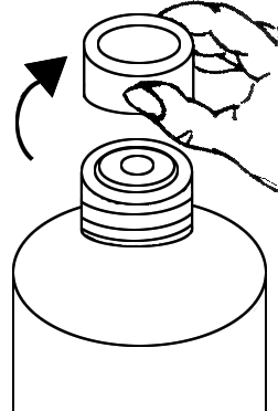 Fiala medicinale con tappo grigio e protezione rimovibile tramite rotazione in senso antiorario indicata da una freccia