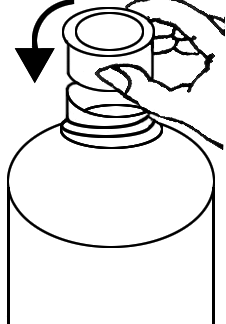 Fiala medicinale con tappo grigio e mano che ruota il tappo in senso antiorario per aprirla