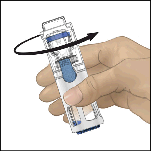 Mano che ruota un dispositivo autoiniettante trasparente con cartuccia blu e freccia nera che indica la rotazione
