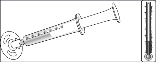 Siringa graduata con stantuffo e ago protetto da cappuccio, indicazioni di misurazione sulla canna laterale